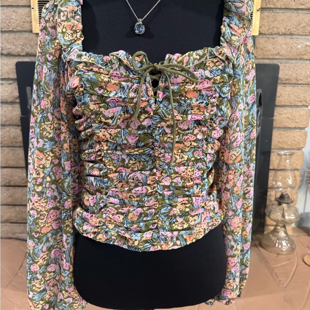 Free People Ruched Floral Long Sleeve Crop Top Size S Boho Cottagecore
